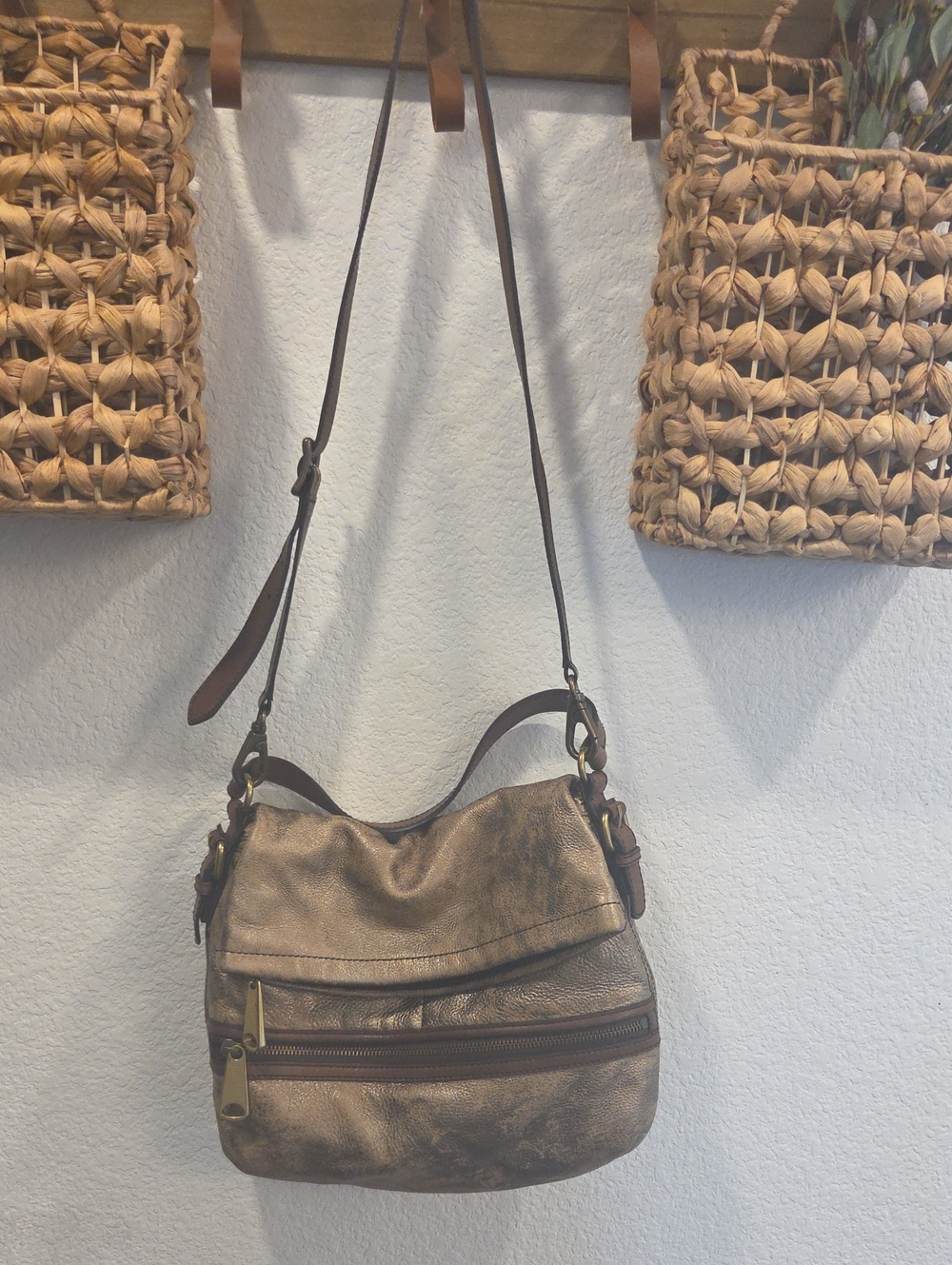 Fossil Metallic Brown Leather Crossbody Shoulder Bag
